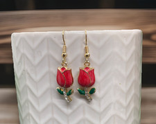 1.5  Gold-tone Enamel Tulip Rhinestone Dangle Earring Set New Free Ship B8952
