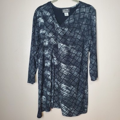 Heyne Bogut Tunic Top Geometric Draped Asymmetric 3/4 Sleeves Size 4 Black White