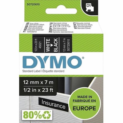 DYMO D1 Standard Labeling Tape, White on Black Tape, 1/2in x 23ft, Lot of 4
