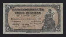 Spain 5 Pesetas 1937  P-106 XF RARE 