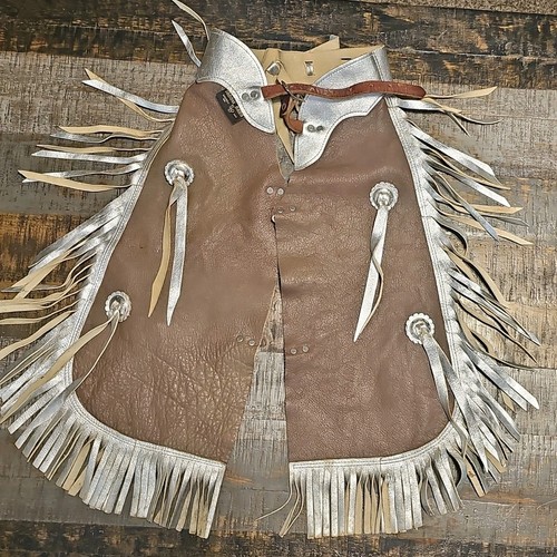 Kids/ Toddlers Saddle Barn Leather Western Chaps Brown w/ Silver Fringe