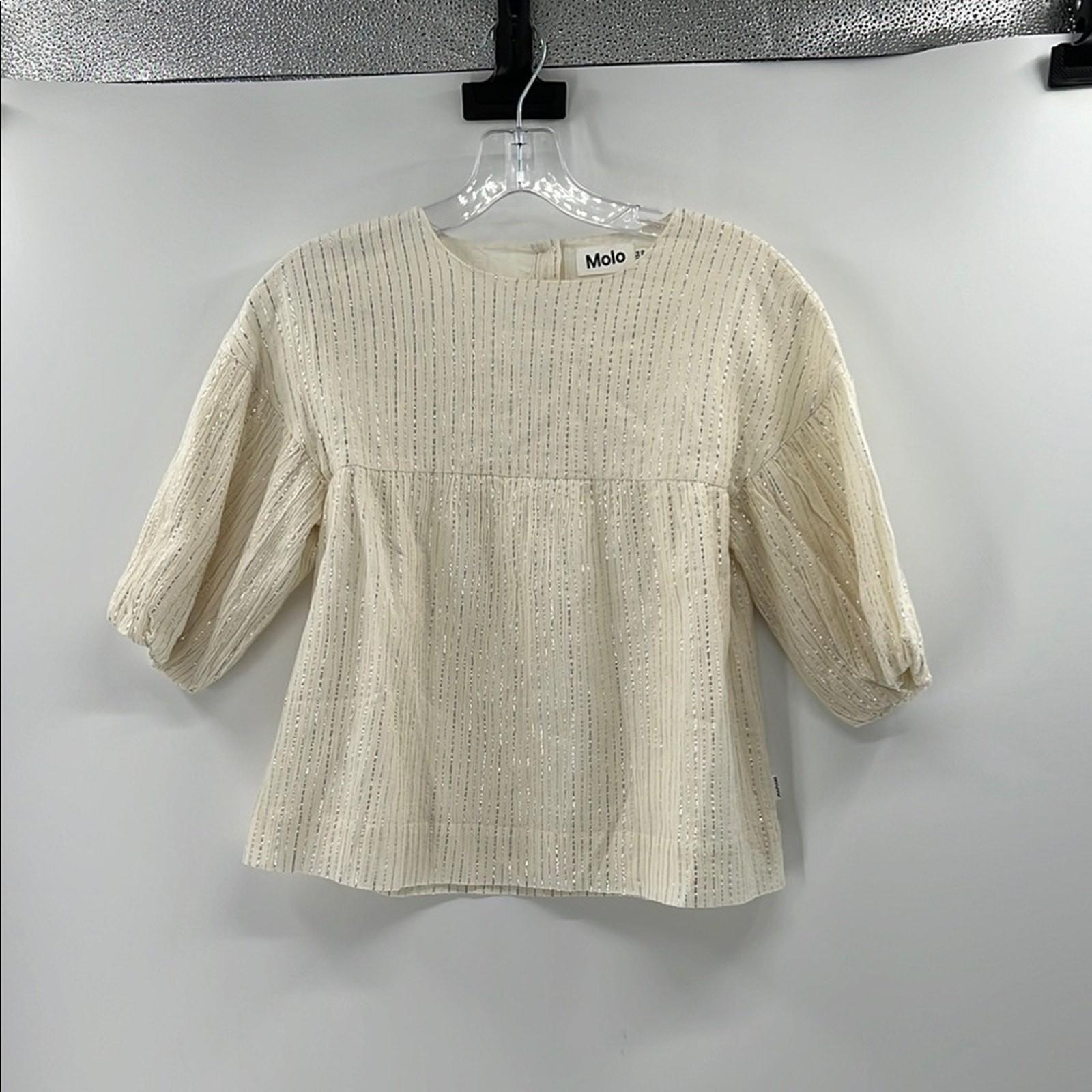 Molo Girls Glitter Stripe Puff Sleeve Blouse - Ivory/Silver - 9/10