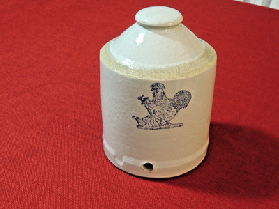 Vintage Stoneware Poultry Chicken Waterer Feeder Crock w/ Cobalt Blue Chickens