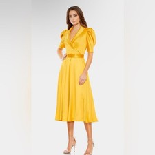 Mac Duggal Ieena NWT Puff Sleeve Satin Tea Elegant Marigold A Line Midi Dress 2