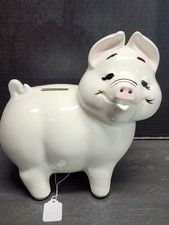 LARGE VINTAGE MCM WHITE CERAMIC PIGGY BANK-PINK NOSE, EARS-STOPPER-HAPPY PIG