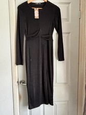 Boohoo Long Sleeve Stretch Ruched Black Midi Dress UK Size 12 BNWT New with tags