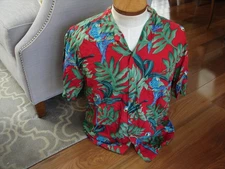 VTG Paradise Found Hawaiian Shirt Mens L Jungle Bird Magnum PI Rayon Parrot Red