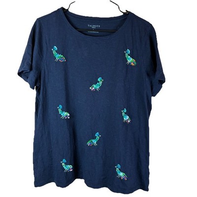 Women s Talbots Tee Cotton Sequined Peacocks Short Sleeve Navy Blue Size X