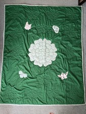 Manta Edredón Floral Vintage Hecha a Mano Mariposa Verde Blanco 53 X 42 LEER