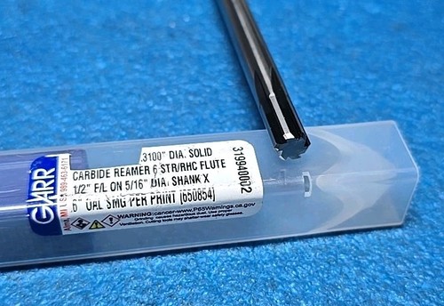 GARR .3100" DIA. SOLID CARBIDE REAMER 6 STR/RHC FLUTE 1/2" F/L ON 5/16" DIA - Picture 2 of 5