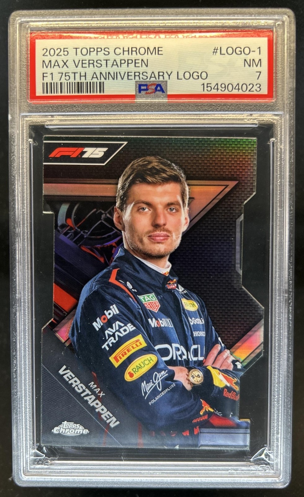 2025 Topps Chrome F1 Max Verstappen F1 75 Anniversary Logo #LOGO-1 PSA 7 view 1