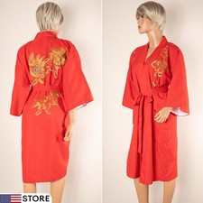 Vintage Kimono Women's Red Robe Embroidered Dragon Satin Japan OS