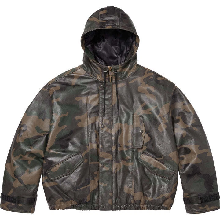 Veste de bombardier d'avion en cuir à capuche Supreme Marithe François Girbaud camouflage