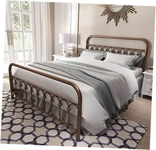 Vintage Sturdy Size Metal Bed Frame with Headboard and Queen Antique Brown