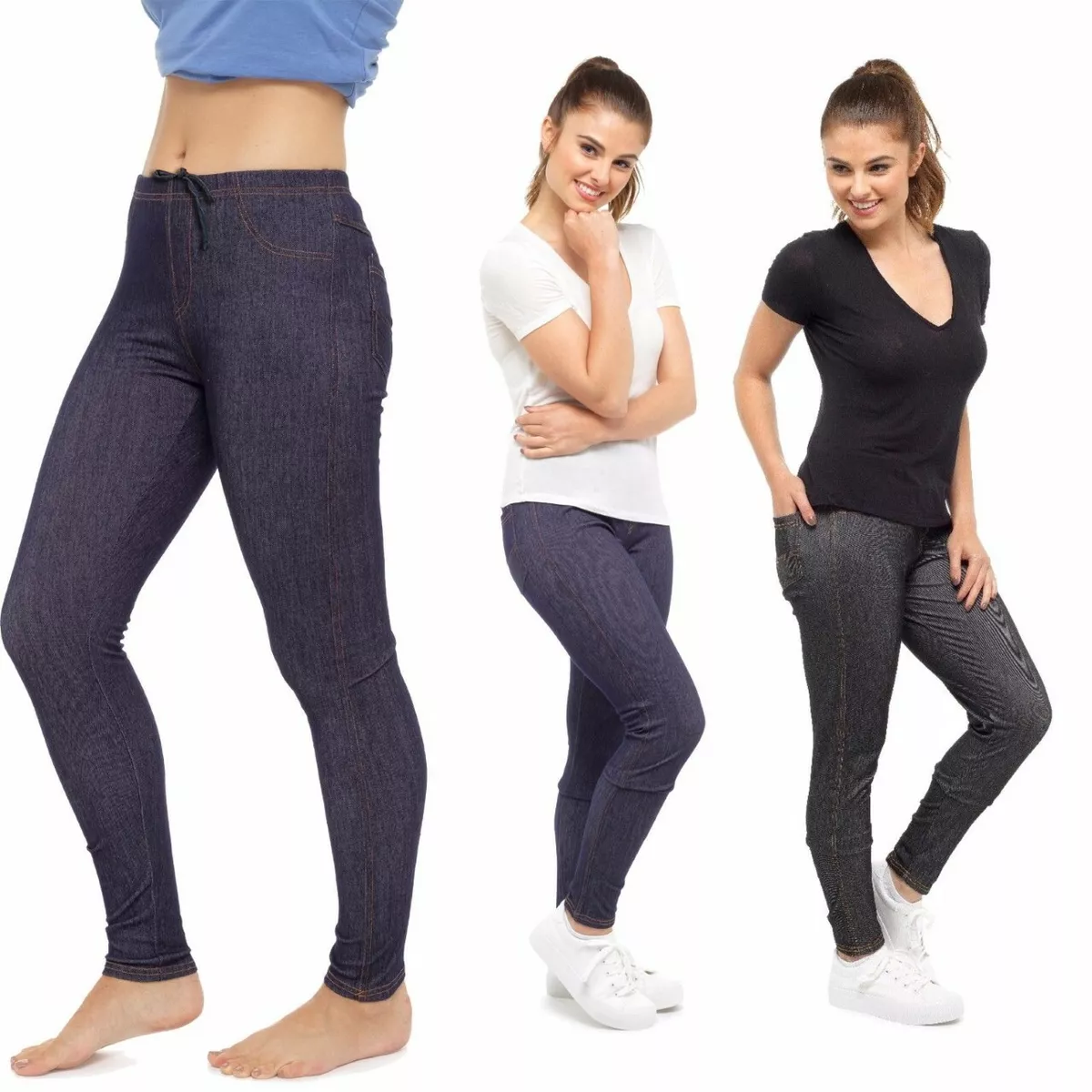 New Ladies Womens Stretchy Denim Look Skinny Jeggings Leggings Plus Size  6-30 UK