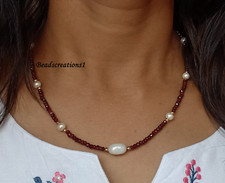 AAA Garnet Beaded Freshwater Pearl Bridal Necklace Jewelry Gift for Her