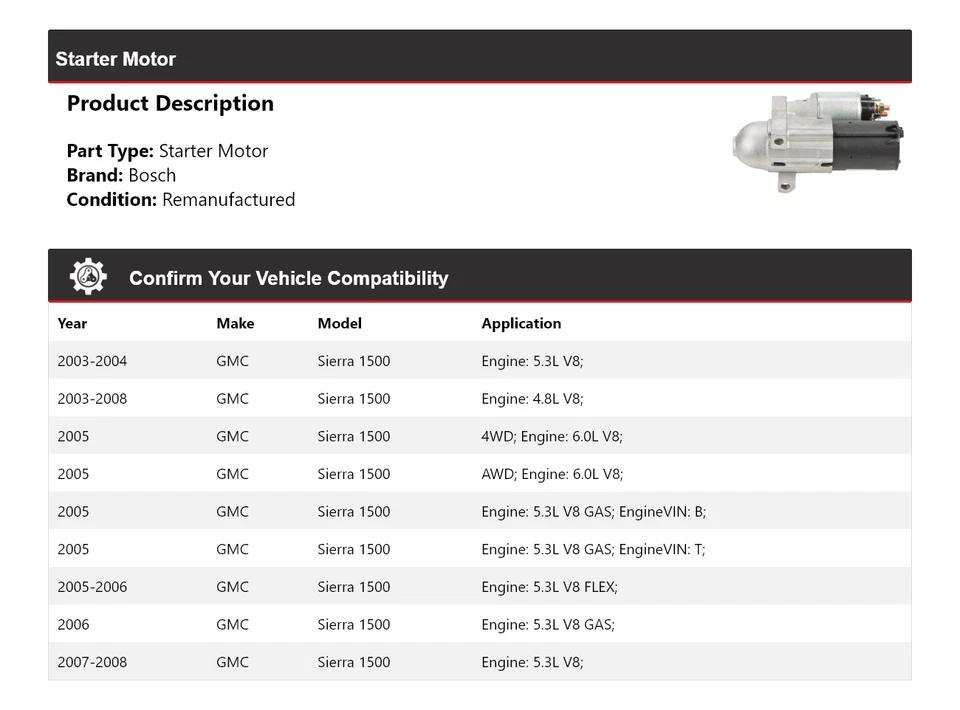 Arranque Bosch para GMC Sierra 1500 2003-2008 (remanufacturado) 2004 2005 2006 2007 Foto 2 de 4