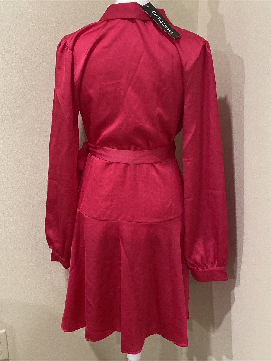 boohoo womens dresses Skater Dress Hot Pink Sz 10 Long Sleeve Wrap Dress |  eBay