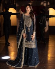 Classic Look Blue Faux Georgette Top Palazzo With Dupatta For Wedding Wear