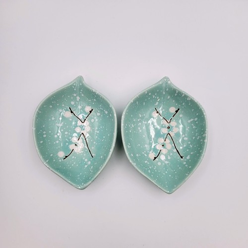 Japanese Teal Leaf Saucer Sauce Trinket Dish Floral Speckled Dipping Candy Foote - Picture 2 of 8