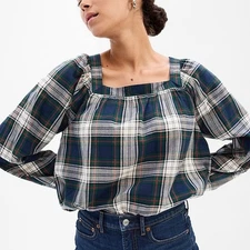 Gap NEW Holiday Plaid Square Neck Long Sleeve Flowy Peasant Top Women Medium