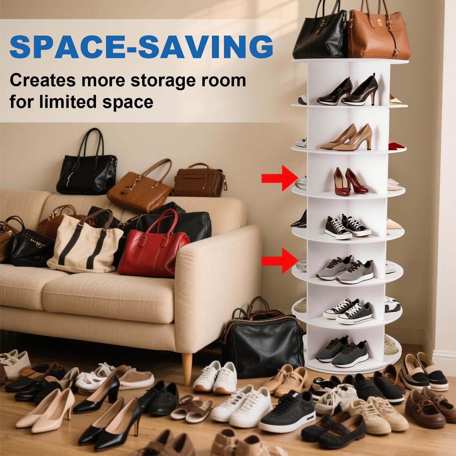 Rotating Shoe Rack Tower 7 Tier Organizer, Revolving 360 White Shoe Rack Storage