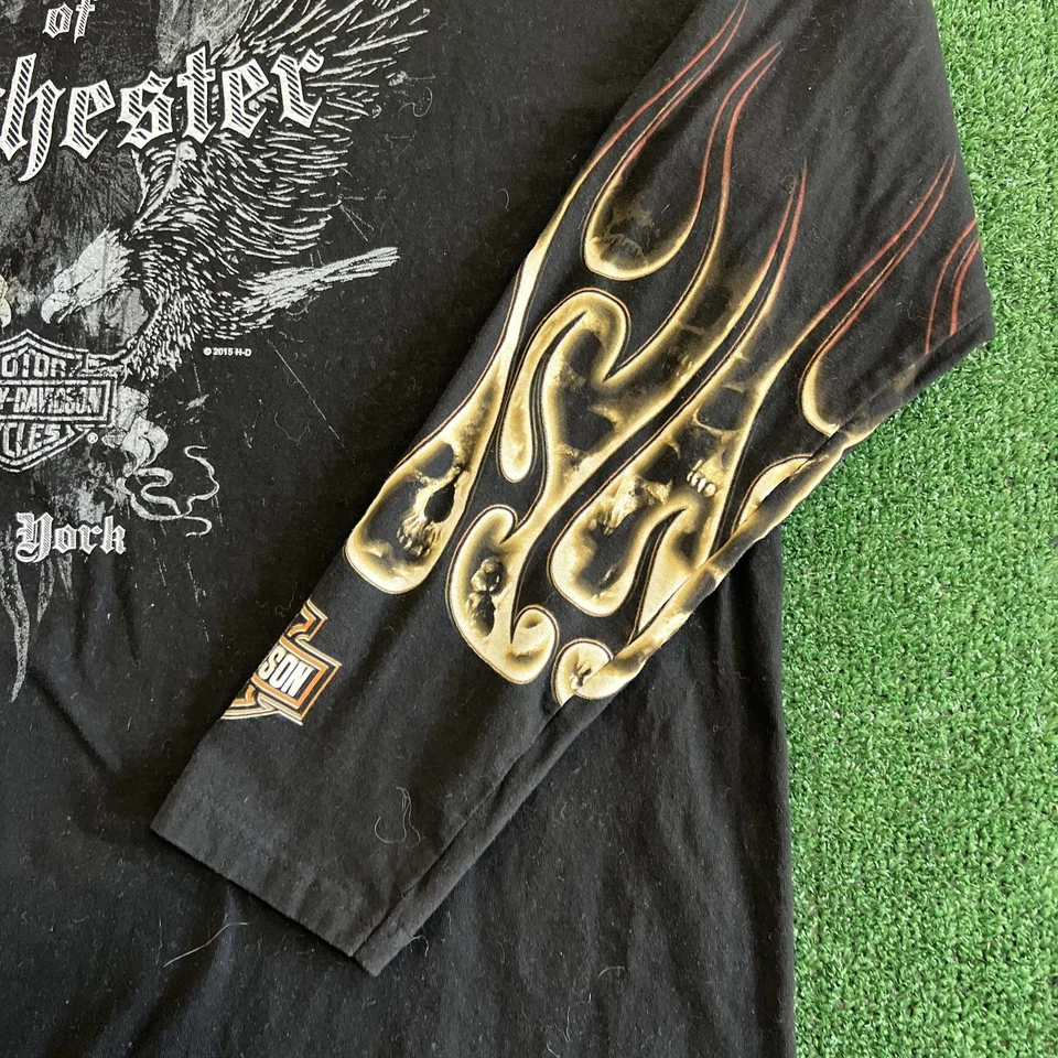 Harley-Davidson T-Shirt Mens 2XL Black Long Sleeve Flame Fkull AOP Rochester Y2K - Image 4 of 4