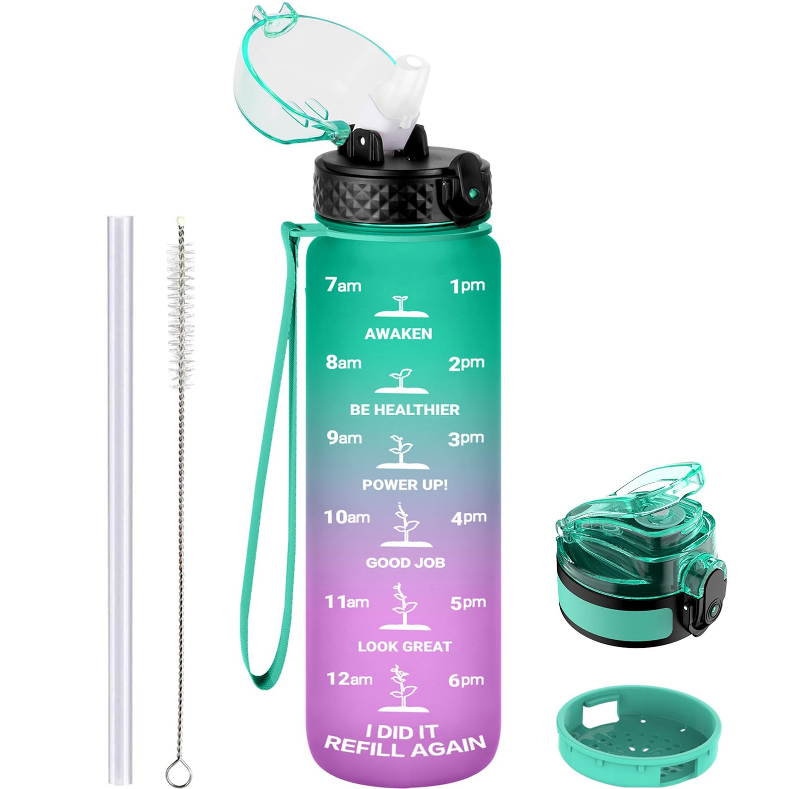 Bouteille d'eau motivationnelle 1L sans BPA | Gourde réutilisable transparente avec paille