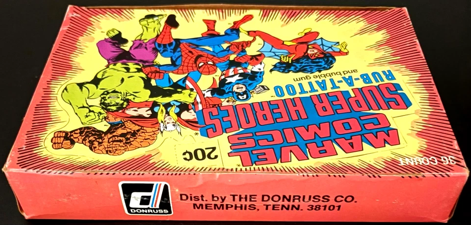 Marvel Comics 1980 ⭐ caja de exhibición ⭐ Super Heroes Rub-a-Tattoo paquete de 36 caja vacía Foto 3 de 4