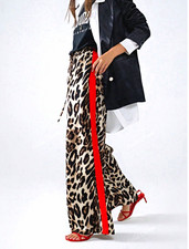 Women  s Leopard Animal Print Wide-Leg Pants Red Side Stripe Drawstring Pockets