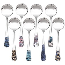 8 Pcs Round Stainless Steel Korean Spoons, Mirror Polished Asian Thick Soup S...