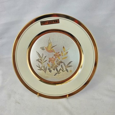 Chokin Art Decorative Plate Hummingbird Flowers 14KT Gold Rim Japan