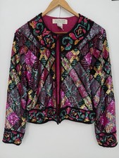 Niteline Della Roufogali Vintage Silk Jacket Sz Medium Sequined Colorful Pink