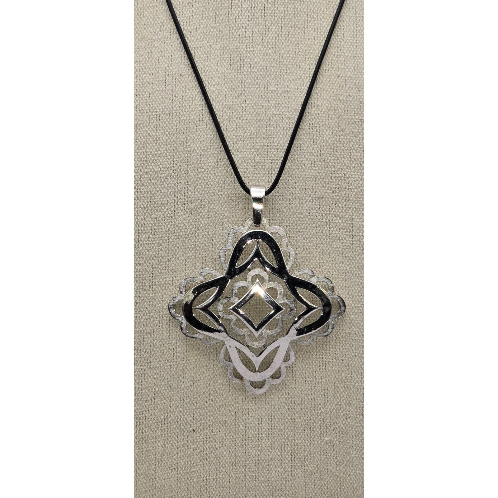 Geometric Silver & Black Enamel Statement Pendant… - image 4