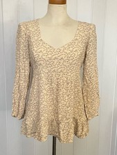 American Eagle Women’s Cream Floral Peplum Long-Sleeve Dress Hem Ruffled