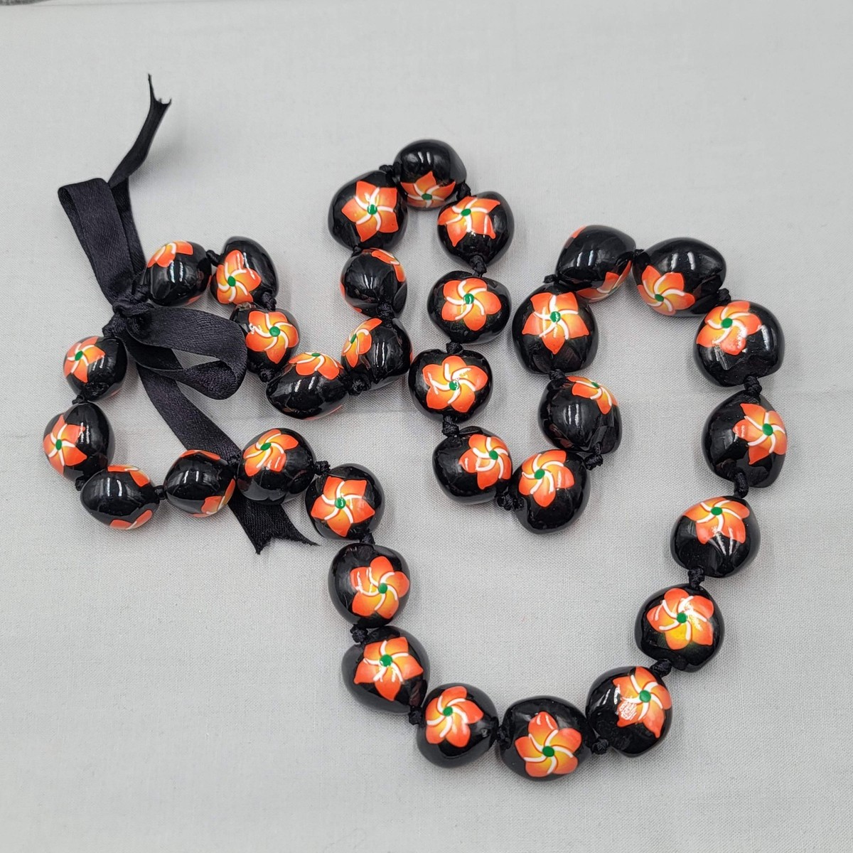 Kukui Nut Lei Hawaii Necklace Hand Painted Orange Hibiscus Flower