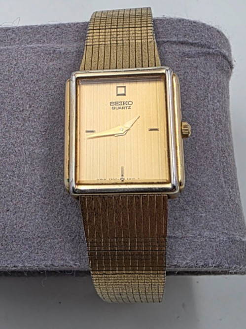 Vintage (10/83) Seiko 7320 "Tank" Gold-Tone Dress Watch, New Battery, VG Cond.
