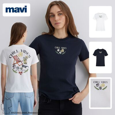 Mavi Damen T-Shirt mit Rundhals und Chill Vibes Urlaub-Motiv