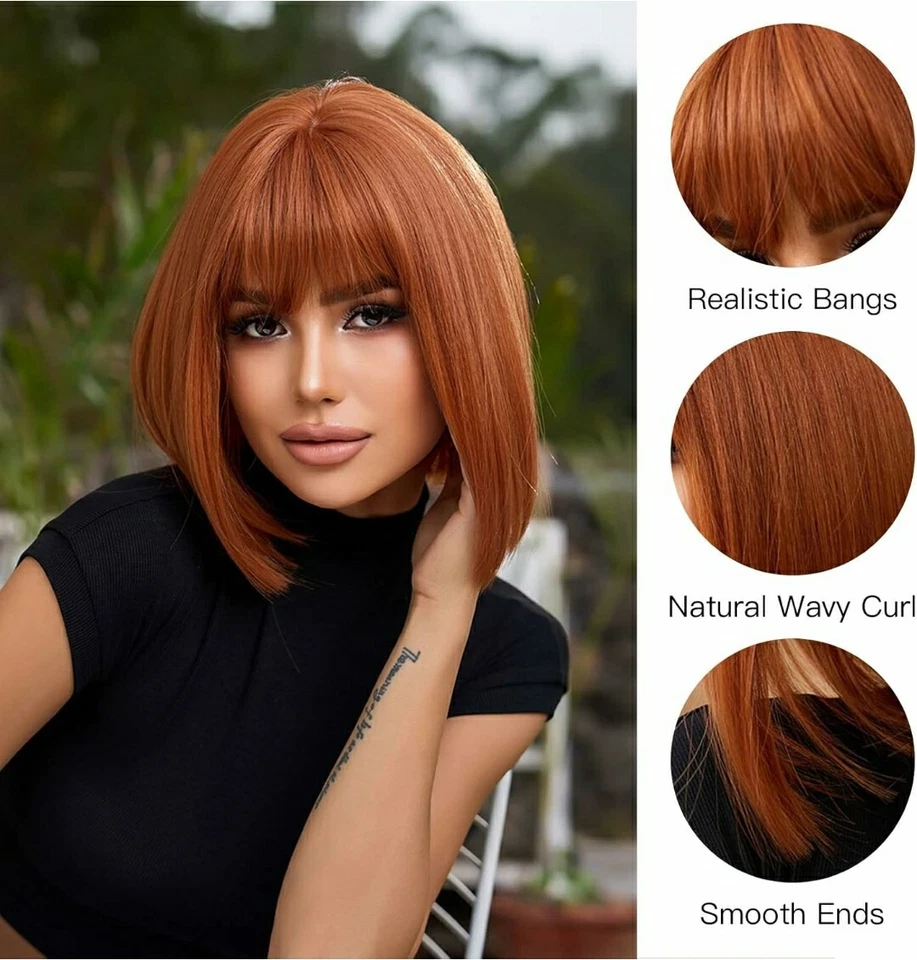 Peluca en capas recta con flequillo castaño rojizo / cobre / bob rojo cabello resistente al calor Foto 2 de 4