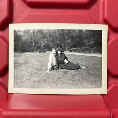 Man And Woman Laying Outside Smiling 3 1/2 x 2 3/8 Photograph Vintage 1930s