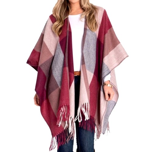 Woolrich Ruana Color block Shawl Poncho Cape Burgundy Gray Rose One ...