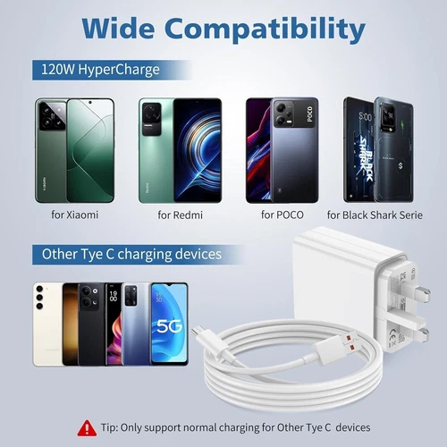 120W USB Plug Turbo Fast Charger for Xiaomi 14 Redmi Note 13 Pro+,with Cable 1M - Bild 3 von 5