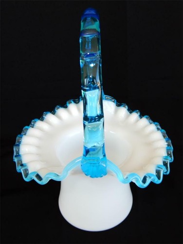 VTG Fenton Art Glass Aqua Crest Basket Applied Blue Bamboo Handle - Picture 7 of 12