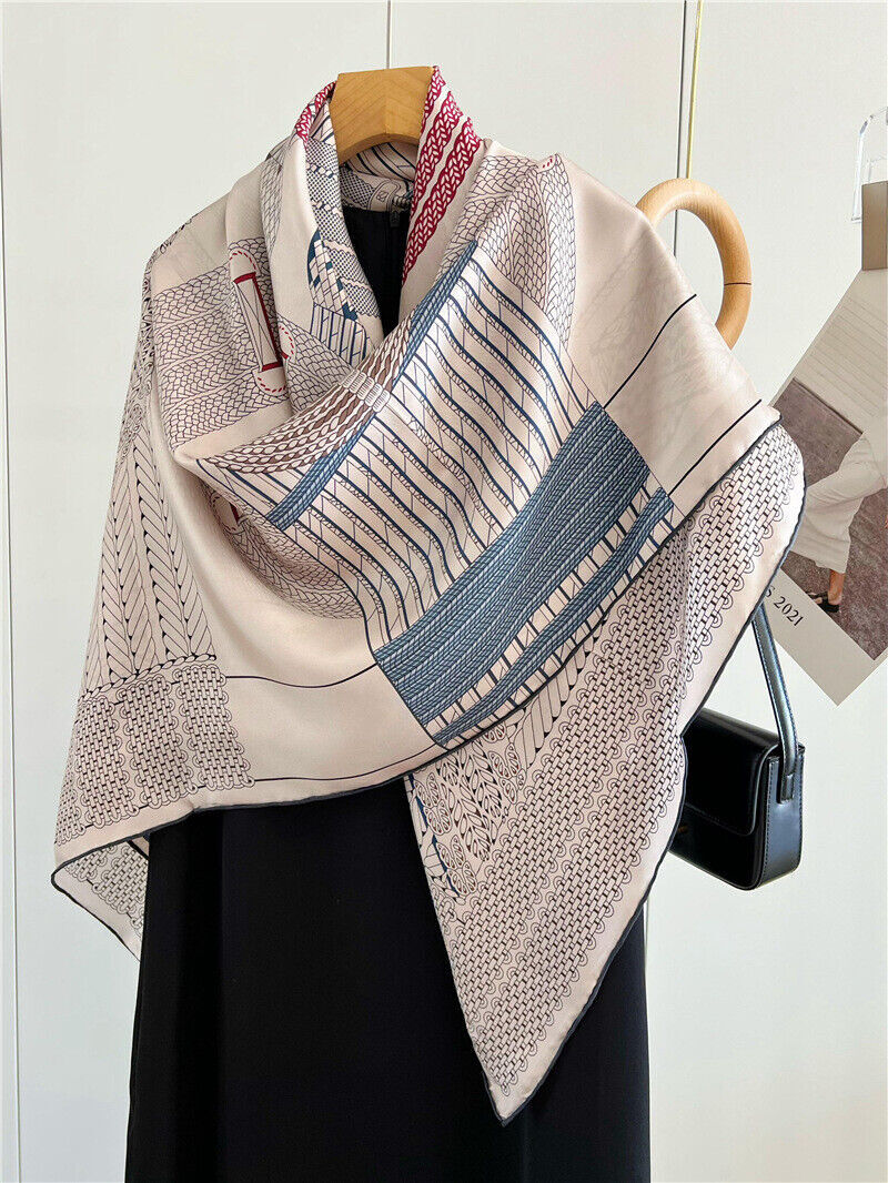 Geometric Print Twill Silk Wrap Scarf Bandana Large Square Shawl Kerchief 135cm