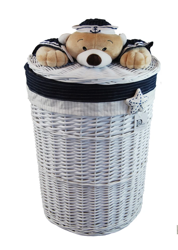 Wäschekorb weide rund weiß m. Plüschtier Marinebär 2x Varianten - Bild 3 von 4