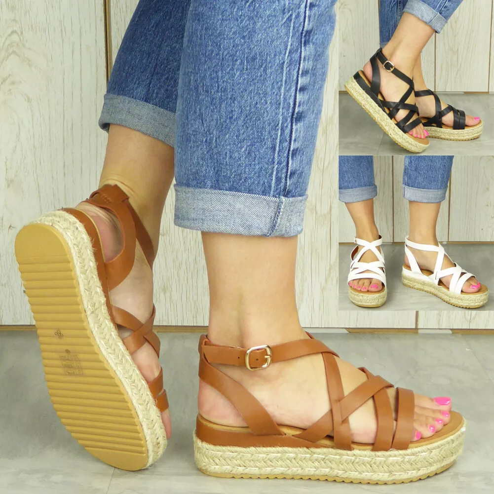 Flatform Shoes Sandals Ladies Hessian Strappy Womens Comfy Buckle