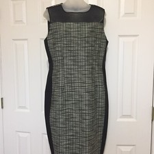 Tahari Tan Black Dress Size 12 Tweed 30" W , 39" L Side Panel Zip Mesh Chest NEW