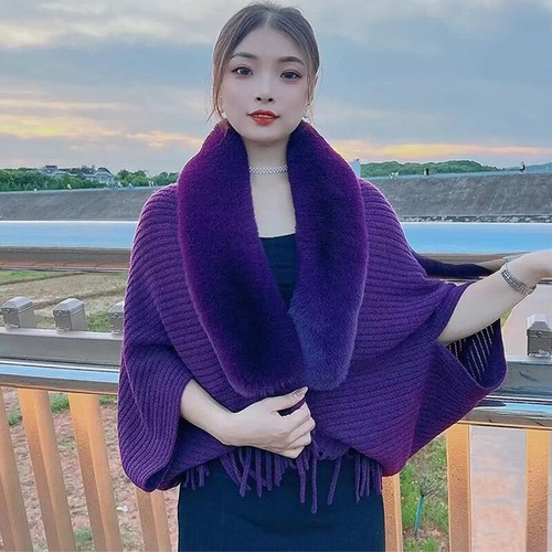 Womens Faux Fur Warm Winter Knitted Poncho Cardigan Cloak Shawl Cape Coat Jacket - Afbeelding 17 van 22