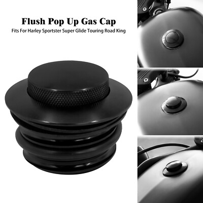 Black Flush Pop-Up Reservoir Gas Oil Tank Cap Vented Fuel Fit For Harley XL Dyna