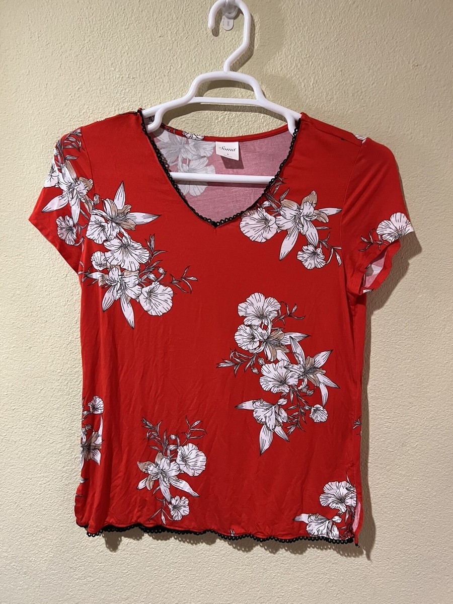 Soma Sz S Red Floral V-Neck Short Sleeve Black Trim Stretch Pajama